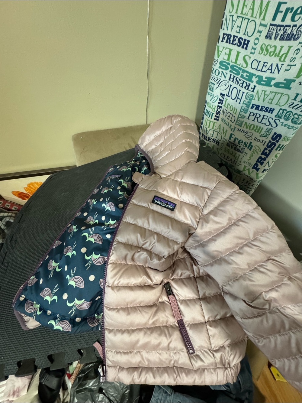 Patagonia Pale Pink Quilted Down Jacket with Navy Patterned Lining